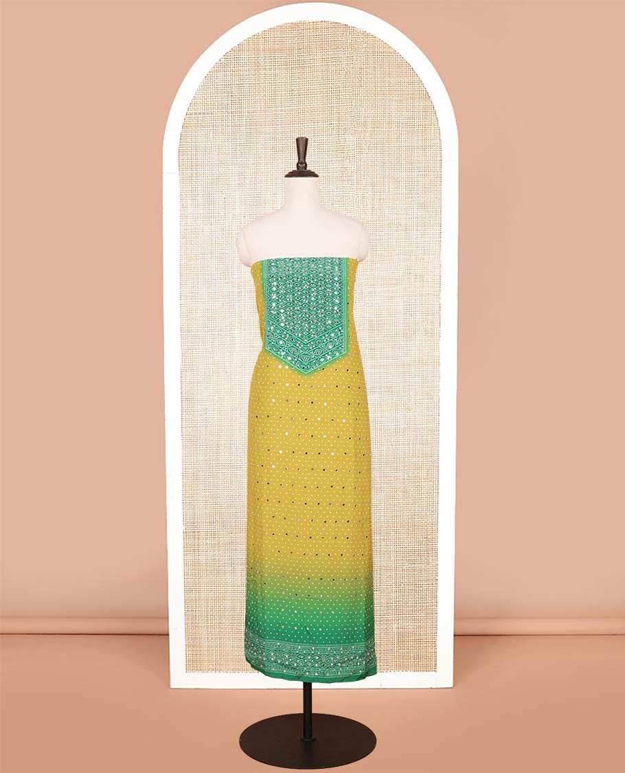 Lemon yellow with green bandhani print stone, mirrror work crepe chudidhar material top with american crepe pant & bhandani print, mirror work dupptata