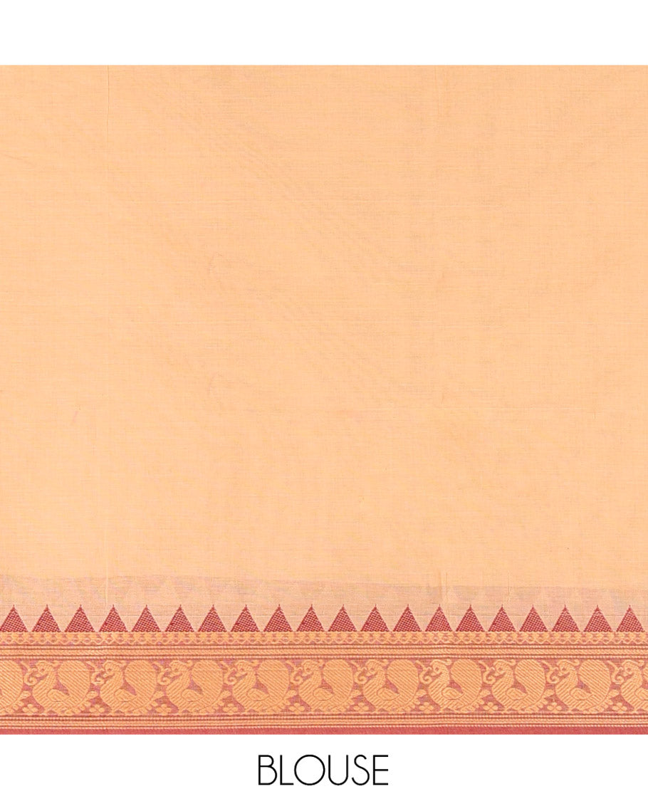 Chikku Chettinad Cotton Saree, Delicately Woven with Thread Buttas All Over Its Body, Complemented by a Contrast Temple Border of Peacock Designs, Pallu of Buttas and Stripes, and Paired with a Matching Blouse