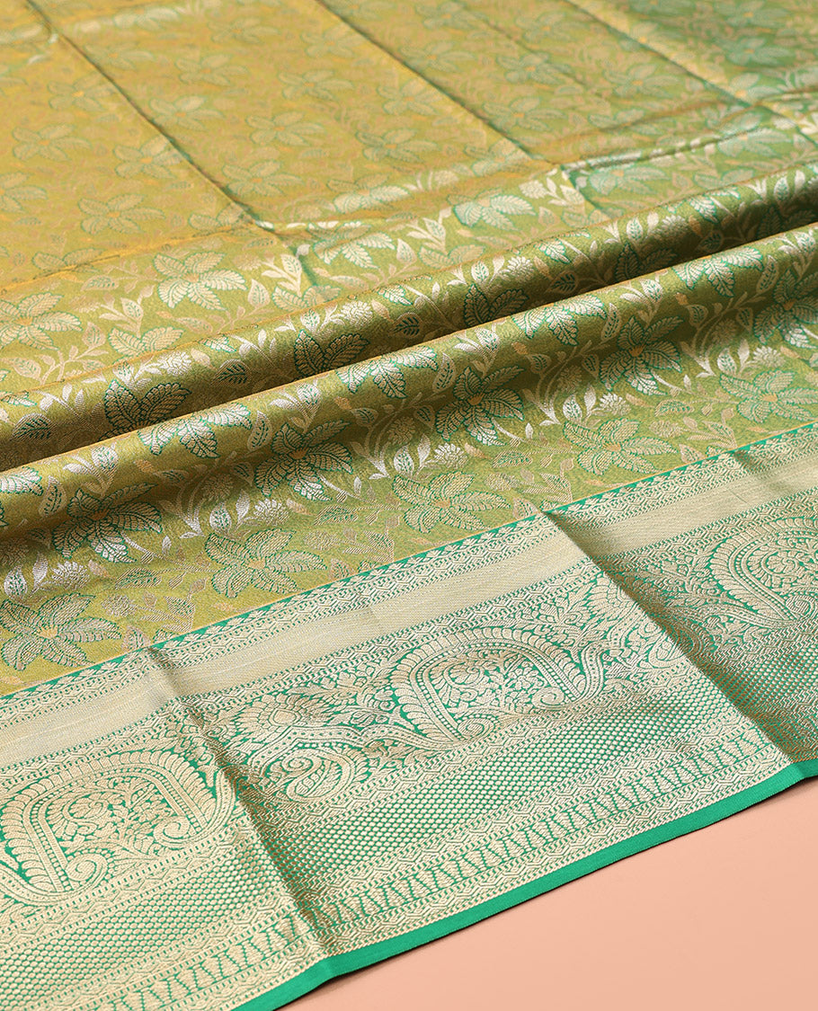Green Art Silk Half-Saree, Bedecked with Leaf Jacquard Design, Contrast Traditional Zari Border, and Paired with a Matching Blouse