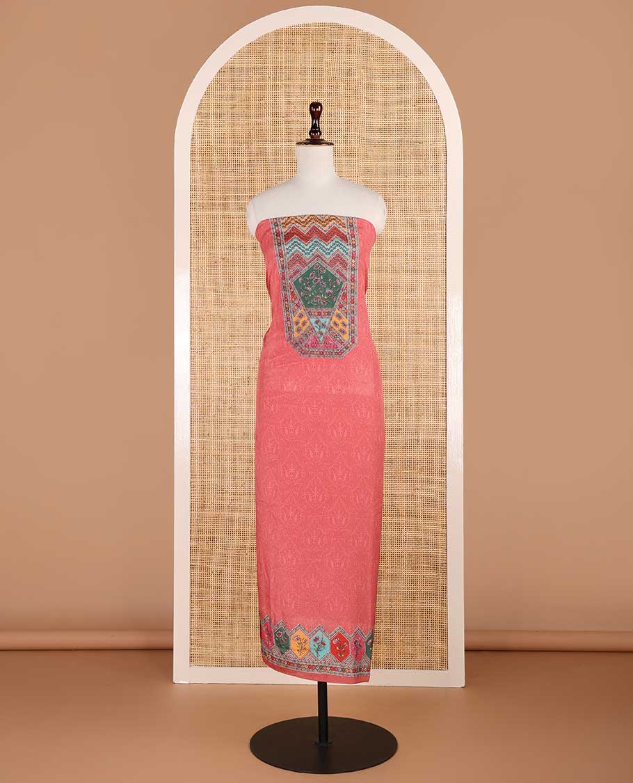Light peach negative print, geometric design, swarovski work crepe chudidhar material top with american crepe pant & chinnon material geometric print, swarovski work dupatta