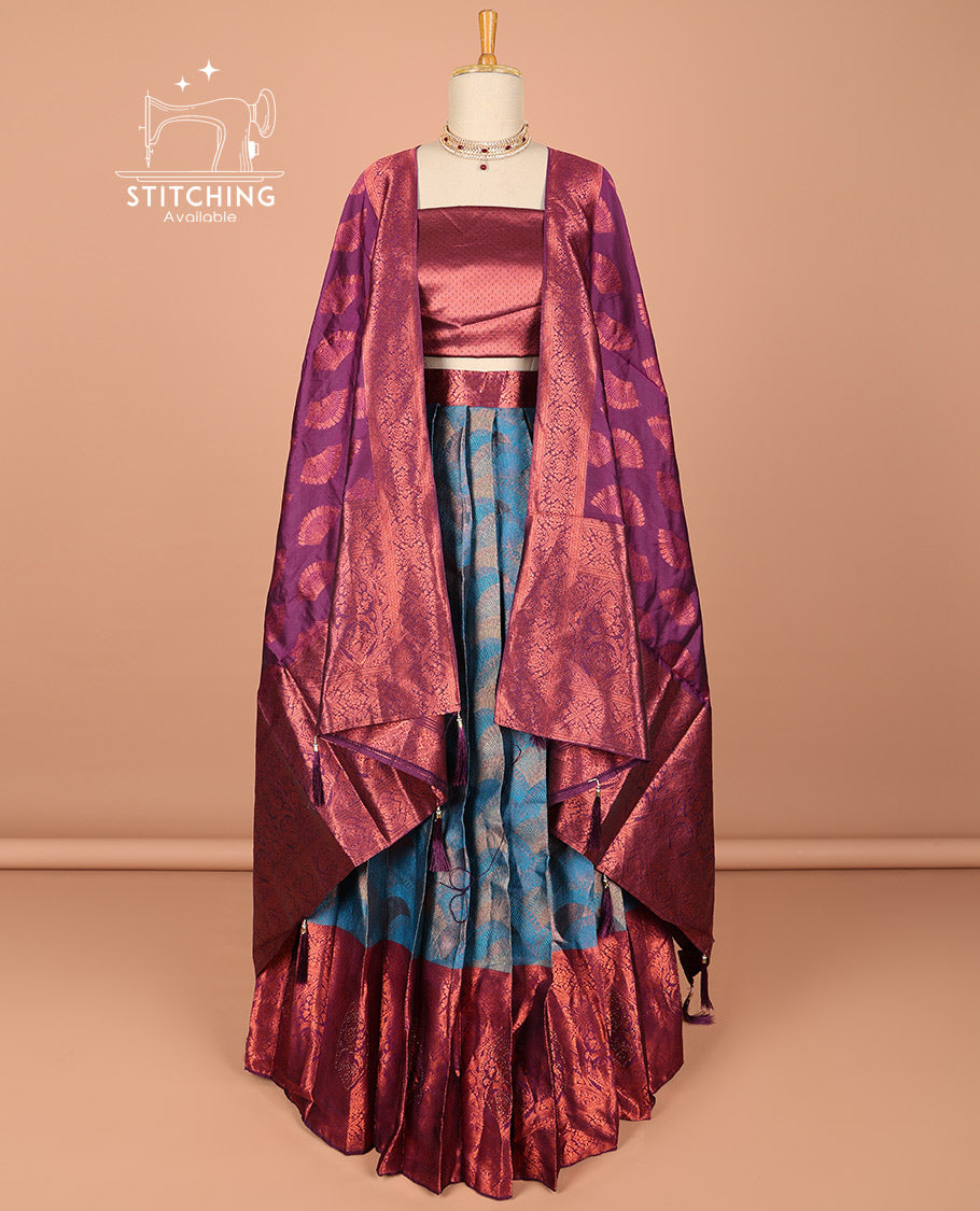 Blue floral buttas half saree with contrast zari border, zari design blouse & floral zari design dhavani