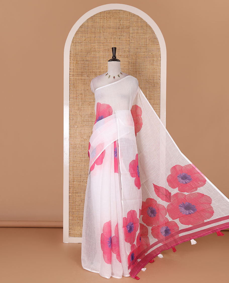 Borderless white and pink floral printed linen cotton saree, contrast plain blouse