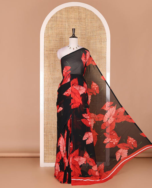 Borderless black leaf and floral motifs digitally printed georgette saree, contrast negative printed blouse