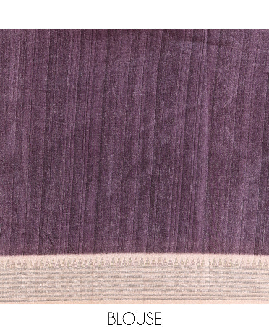 Pink geometric patterns and polka dots printed semi-tussar saree, contrast horizontal striped zari border, striped pallu, and a contrast blouse