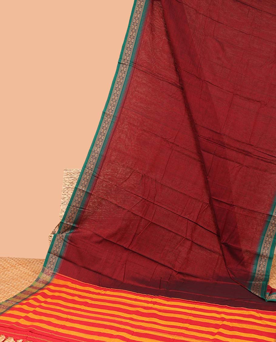Maroon plain Narayanapet cotton saree, contrast unique design border & striped pallu