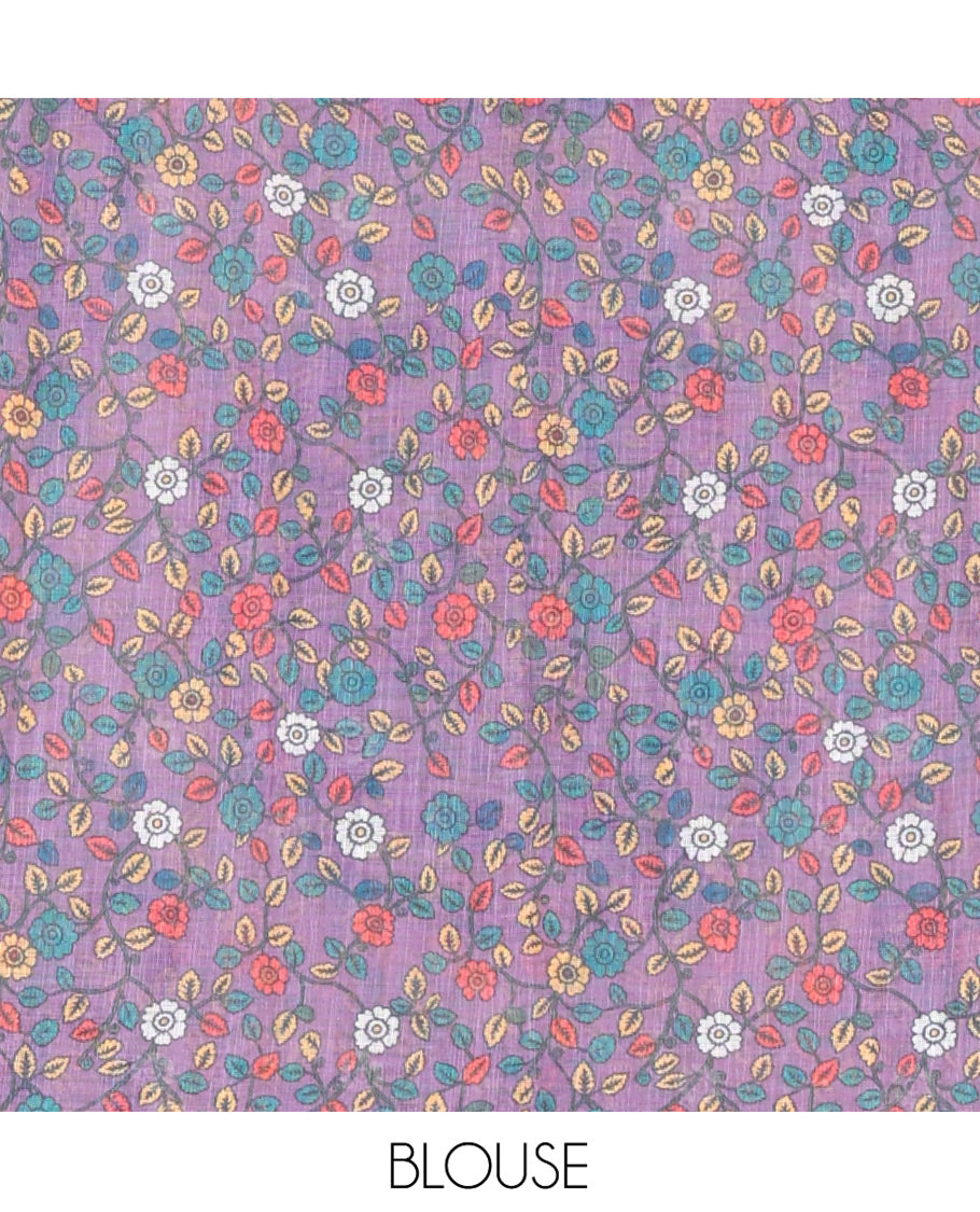Cream-Lavender Linen Cotton Saree, Adorned with Shibori Print, Contrast Piping Border, Kalamkari Floral Vine Pallu, and a Contrast Blouse