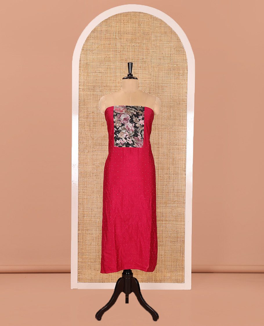 Rani Pink Mustard Material Churidar Set, Enthralled with Stone Work and Floral Patch Neck Work on Vichitra Silk Top, Comes with a Plain Santoon Bottom, and Is Paired with a Contrast Floral Printed Dupatta