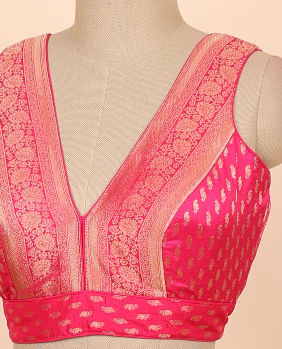Pink floral zari design front & back deep v-neck raw-silk readymade sleeveless blouse