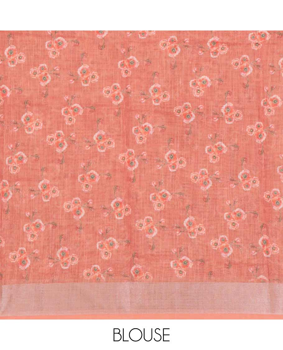 White rose floral printed linen saree, contrast silver bavanji border, floral printed pallu & floral printed brown blouse