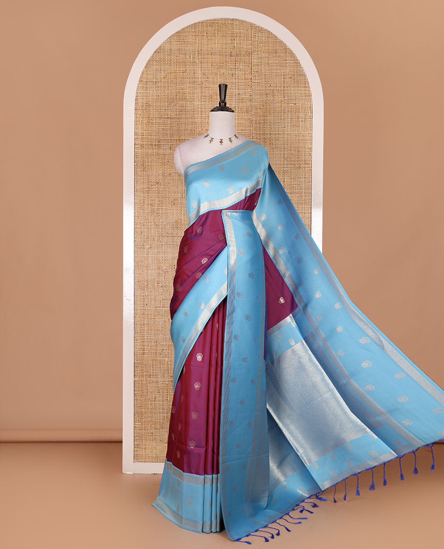 Majenta zari buttas soft silk saree, contrast zari design border, intricate jaal pallu, and contrast zari design blouse