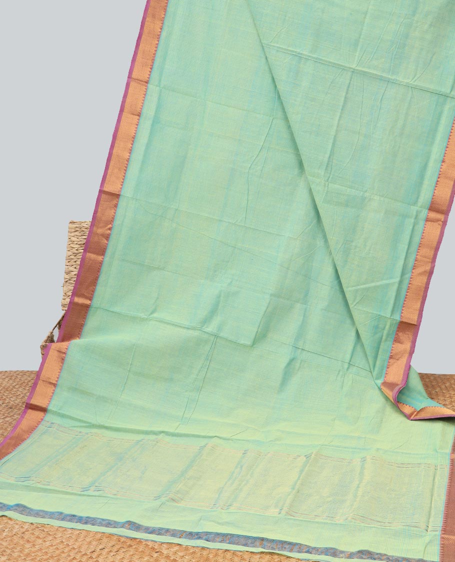 Light green mangalagiri cotton saree with contrast striped, temple border & striped pallu