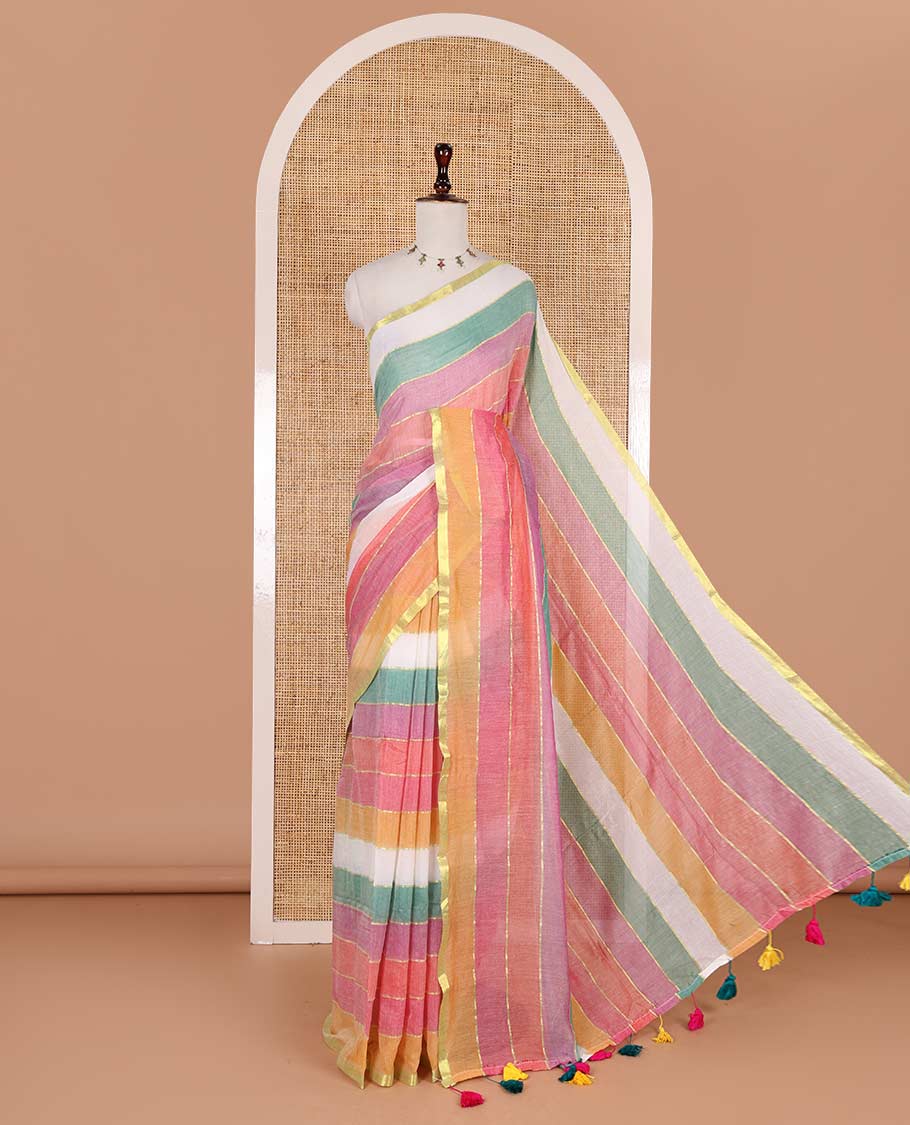 Borderless multi-color rainbow striped khadi mul cotton saree, self-pallu with multi-color tassels and a matching blouse
