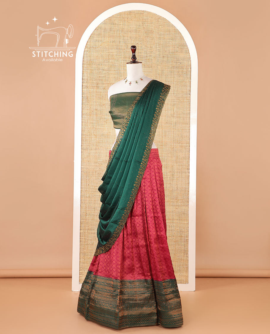 Magenta banaras softy half-saree, brocade skirt, contrast traditional border, brocade blouse & stonework scallop georgette dhavani