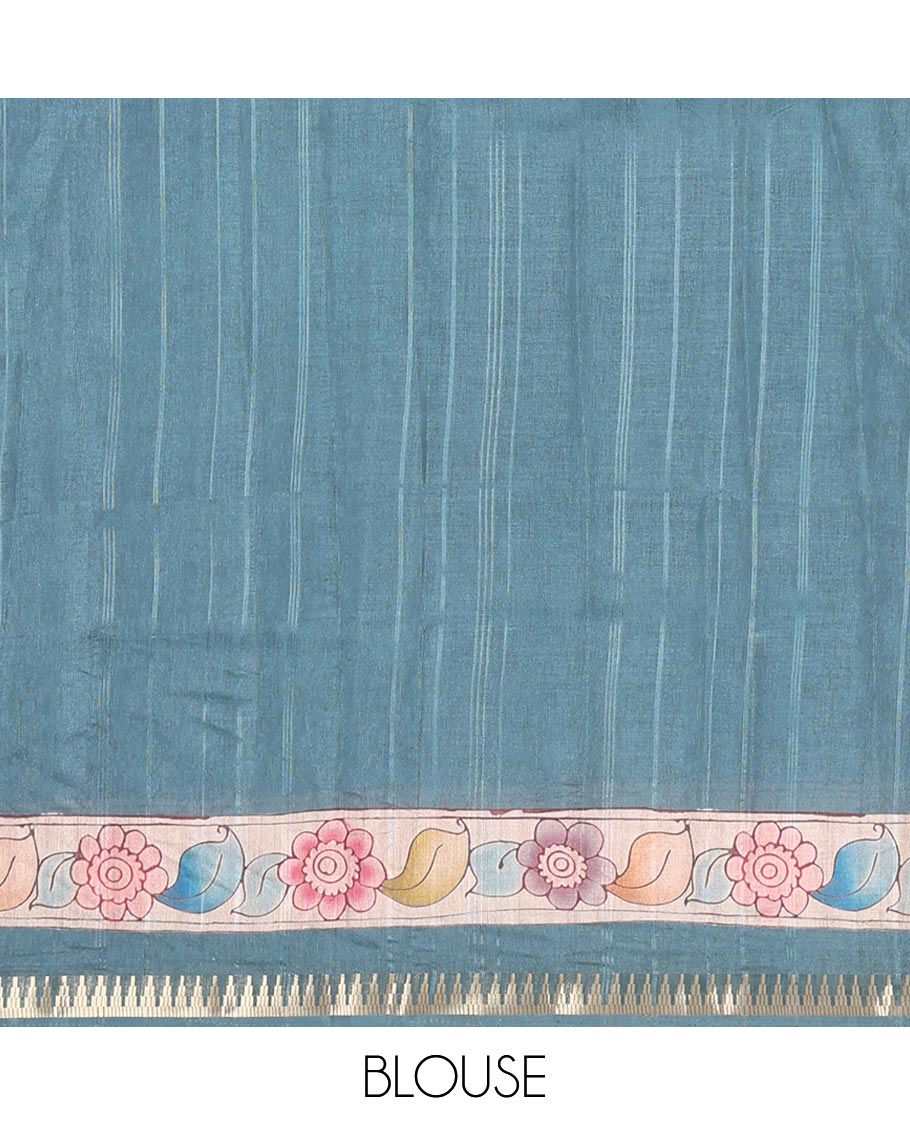 Chikku-Green Fancy Tussar Saree, Artfully Detailed with Kalamkari-Style Floral Print Across Its Body, Complemented by Contrast Temple Zari Border, a Colourfully Kalamkari Printed Pallu, and Paired with a Plain Blouse