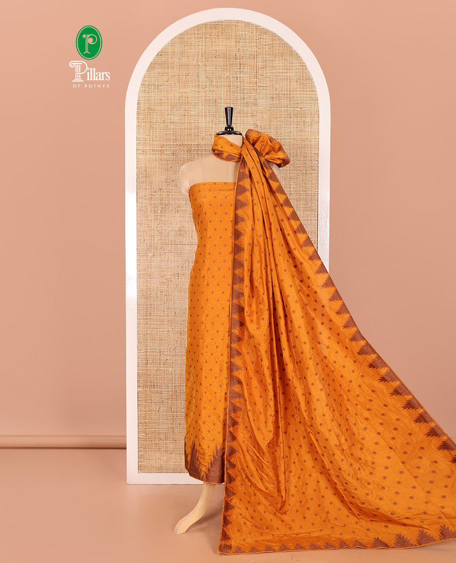 Yellow Material Chudidar Set Graced with 1000 Zari Buttas Woven Banaras Top, Subtly Made Plain Santoon Bottom, and a Banarasi Dupatta Featuring Zari Buttas and Temple Buttas