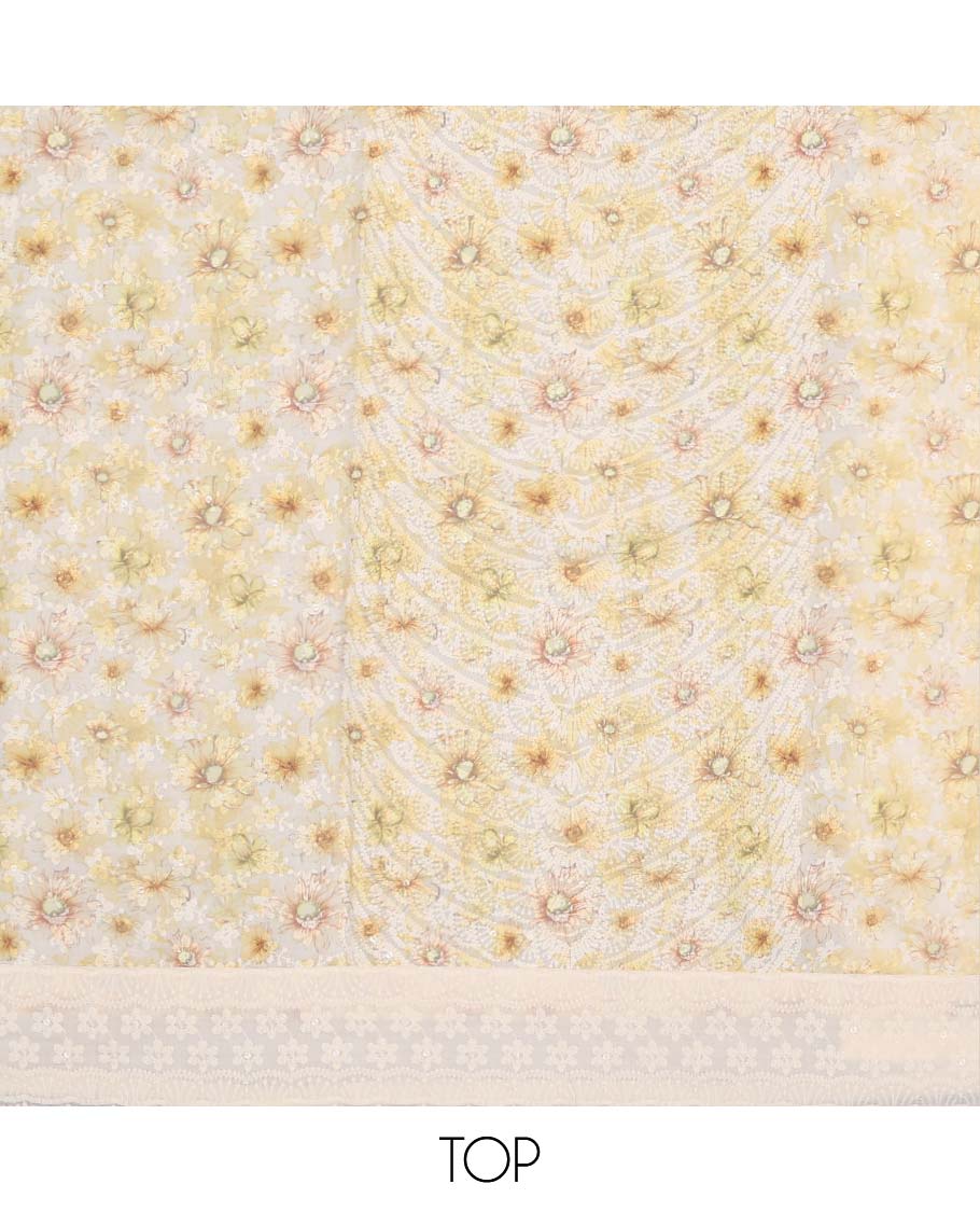 Cream chudidhar material set floral emboridery top, plain botttom & floral vine thread embroidery dupatta