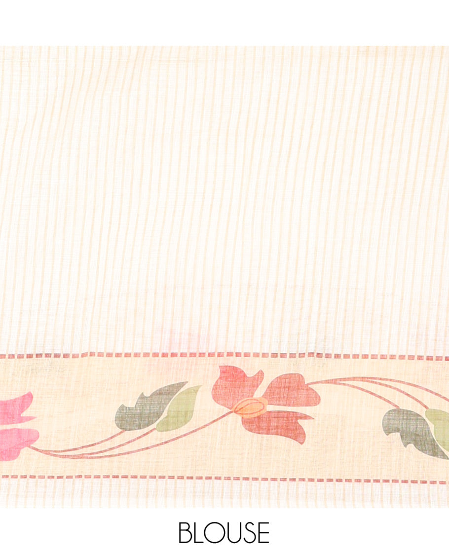Cream Linen Cotton Saree, Subtly Sparkled with Zari Buttas All Over Its Body, Highlighted by Contrast Floral Creeper Design Border, Subtle Pallu and Paired with a Striped Blouse