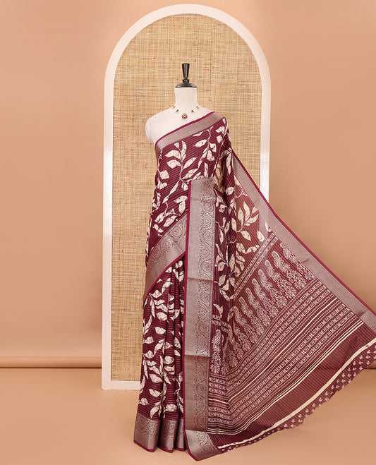 Wine dotted striped & batik leaf printed viscose georgette saree, traditional design zari border, intricate pallu & blouse of print & zari work