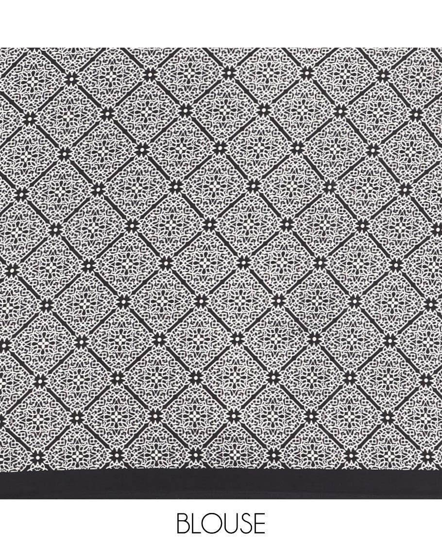 Black small polka dots printed gajji silk saree with self-border & pallu printed with a dot enclosed checks, blouse with intricate motif print