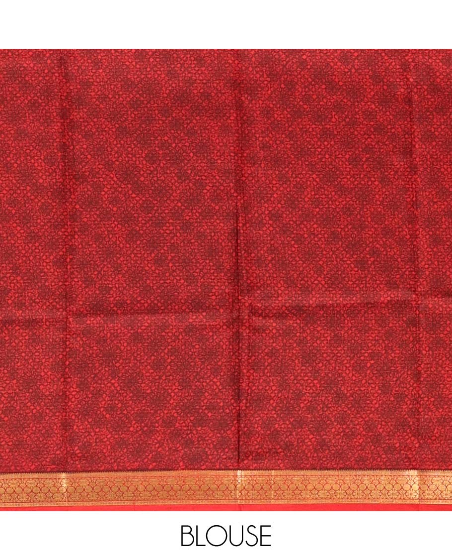 Red Printed Silk Saree, Elegantly Highlighted with Intricate Prints, Highlighted by a Traditional Zari Border, Printed Pallu, and a Matching Blouse
