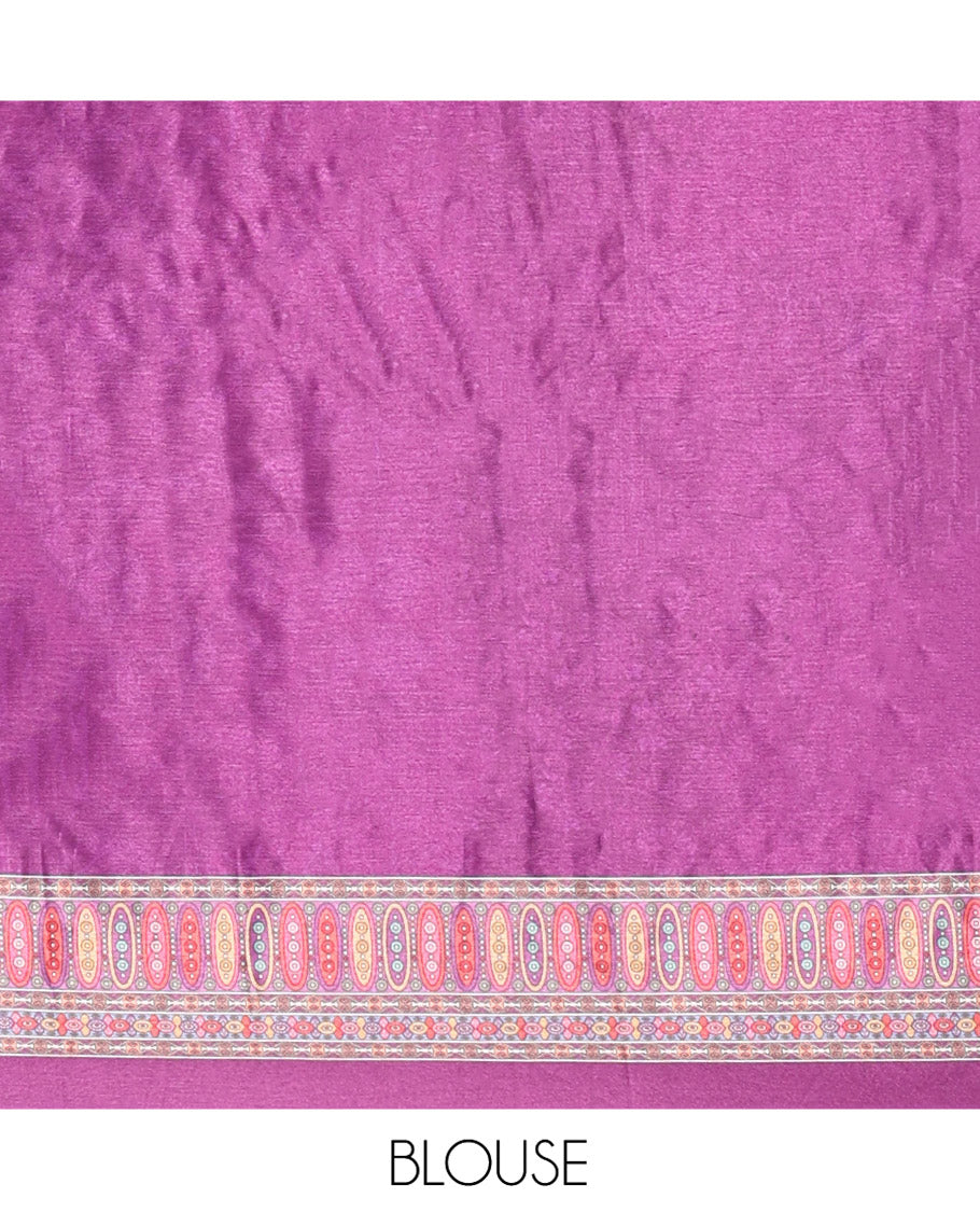 Purple Masakali Saree, Opulently Embellished with Kaleidoscopic-Colored Intricate Motifs Print, and Mirror Work All Over Its Body, Printed Border, Intricately Printed Pallu, and Paired with a Matching Blouse