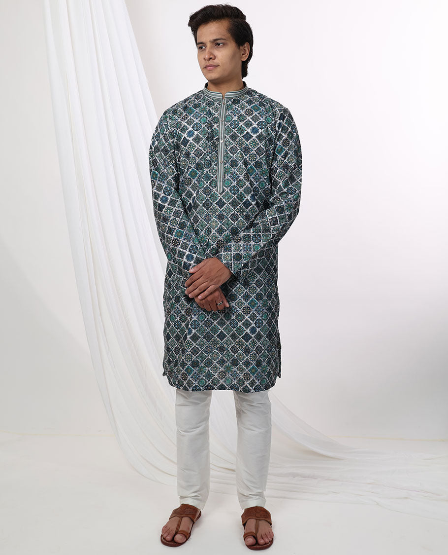 Multi-color intricate floral design mandarin collar & full-sleeve long raw silk kurta
