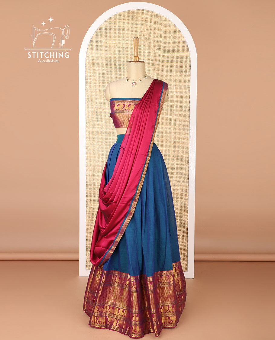 Ink blue mercerised cotton daman zari border half saree with cotton blouse & skya georgette one side zari border dhavani