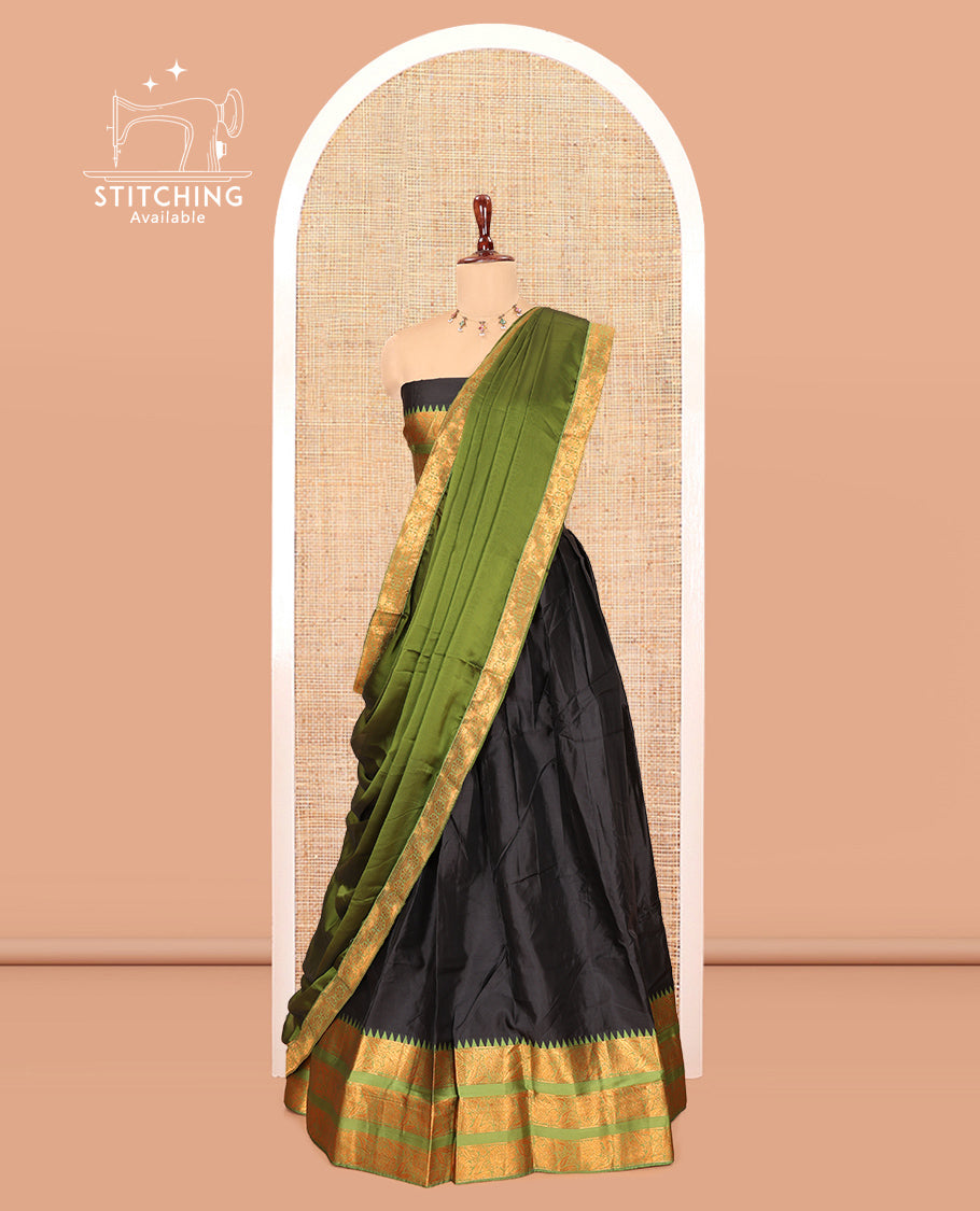 Black-Green Semi-Banarasi Half-Saree Features Plain Skirt, Contrast Floral Creeper Zari Border, Matching Blouse, Contrast Dhavani
