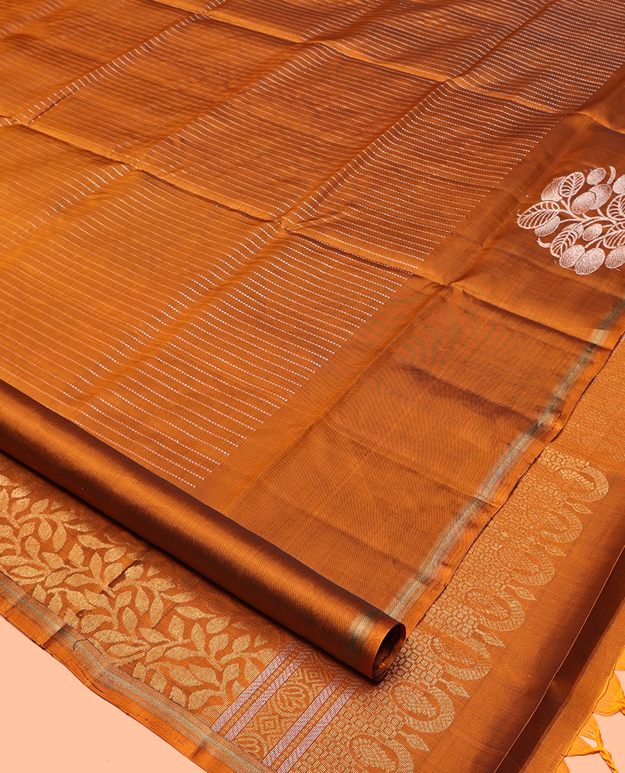 Orange Mayuri Lite Silk Mix Saree, Adorned with Zari Stripes and Floral Buttas, a Zari Piping Border, Pallu of Leaf Vine and a Matching Blouse