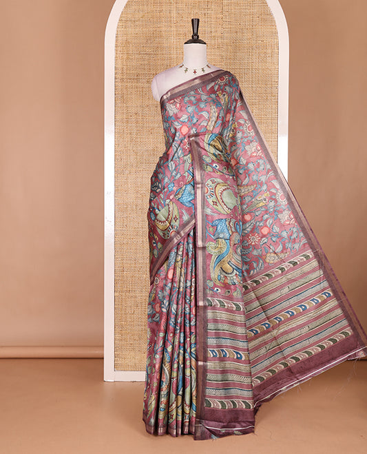 Pink-base multi-color kalamkari floral-vine and peacocks printed semi-tussar saree, gold zari piping border, kalamkari printed pallu, and contrast printed blouse