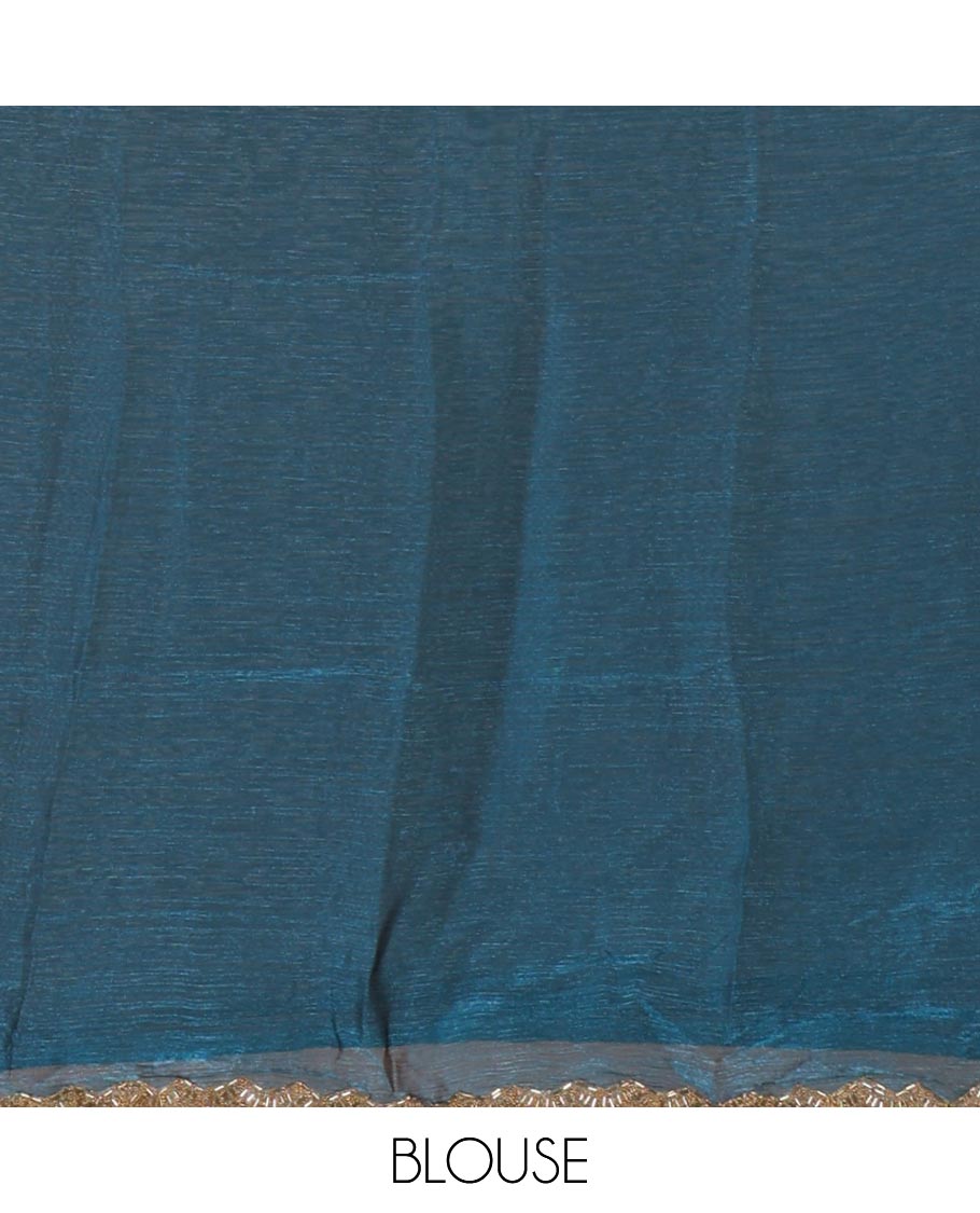 Mehendi green Swarovski crystal stonework Fendy chiffon saree,scallop stonework border & contrast blue stonework blouse