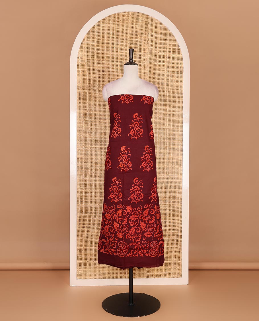 Maroon cotton material chudidar set, batik style floral, and paisley printed top, contrast plain bottom, and batik printed dupatta