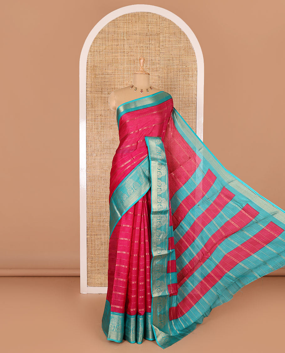 Rani pink traditional zari design dola silk saree, contrast tree of life and peacock design border, zari design pallu, and contrast zari woven blouse