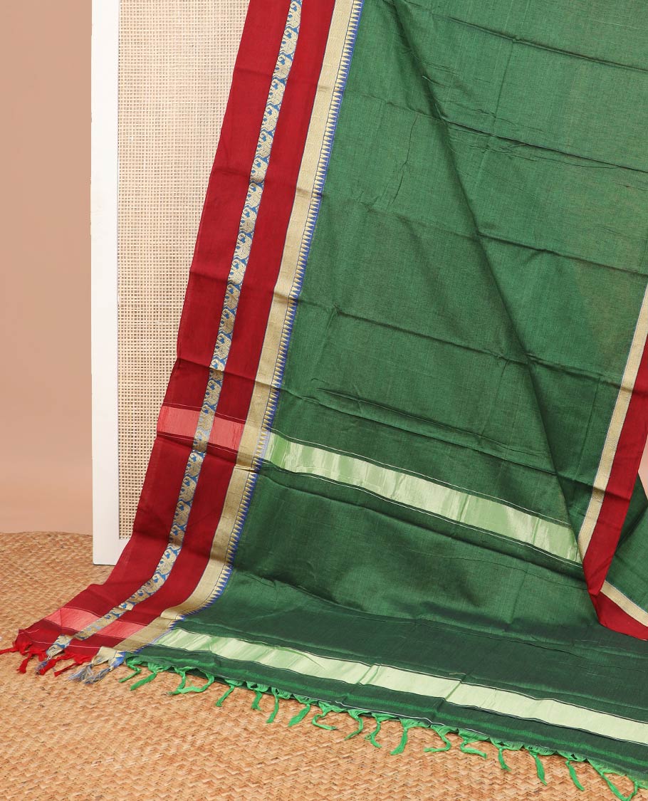 Green narayanapet cotton saree with contrast temple elephant design border & bhavanji pallu