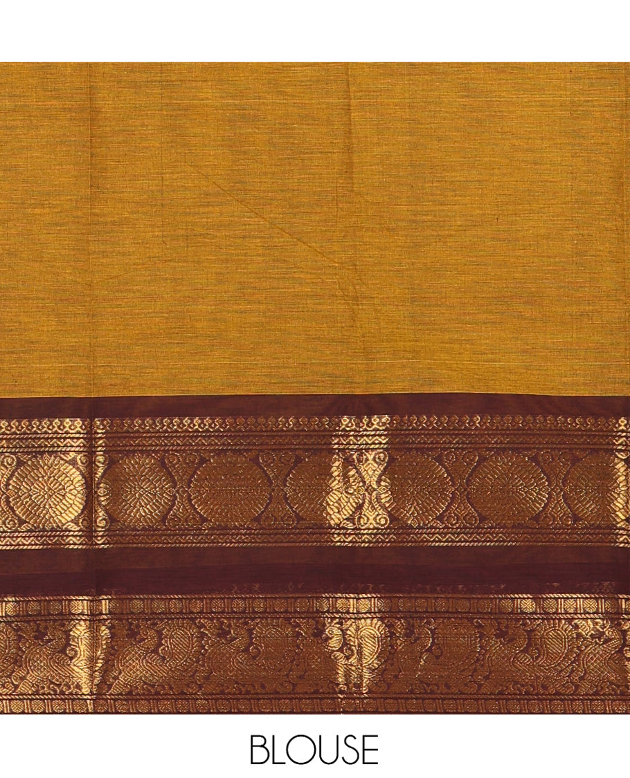 Mustard Chettinad Cotton Saree, a Contrast Peacock-Chakra Rettai Pettu Border, Striped Pallu, and Matching Blouse