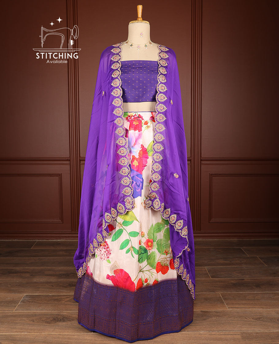 White floral design half saree with contrast zari design border, zari design blouse & leaf embroidery scallop border dhavani