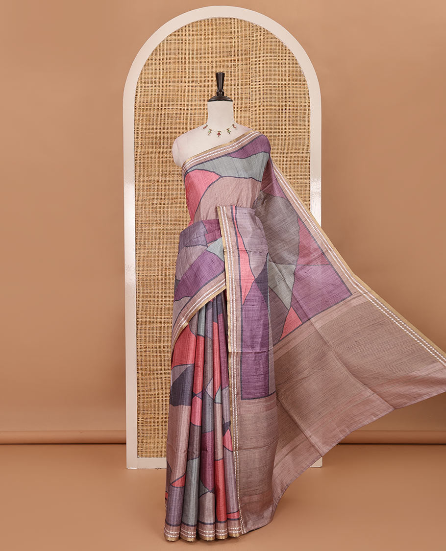 Purple abstract geometric printed semi-tussar saree, contrast thread triangle motifs border, striped pallu & contrast striped blouse