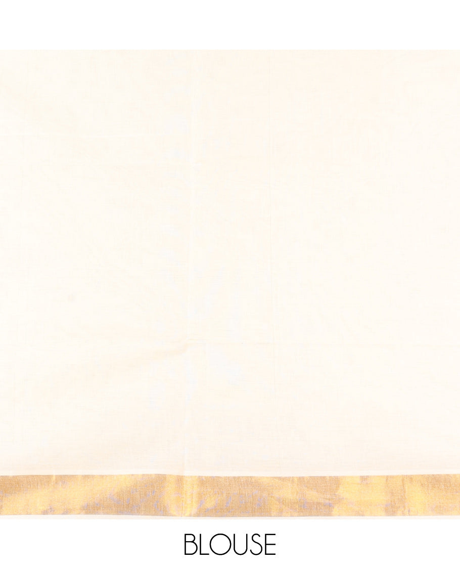 Cream Kerala Saree, Decorated with Zari Buttas on Its Body, Subtly Sparkled Bavanji Border, Pallu Zari Woven with Floral Designs, and Paired with a Matching Blouse