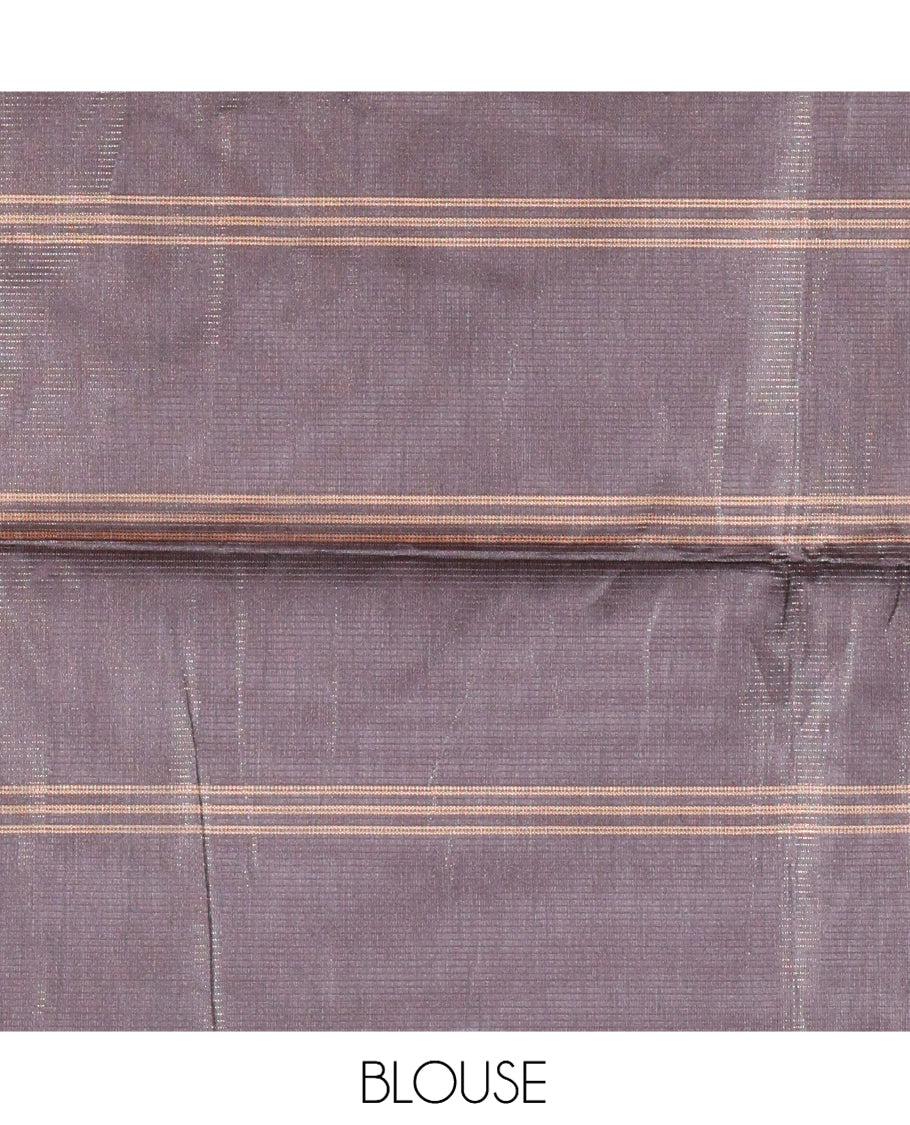 Borderless Rust Macro-Checked Katan Silk Saree, a Subtly Striped Pallu, and a Contrast Blouse