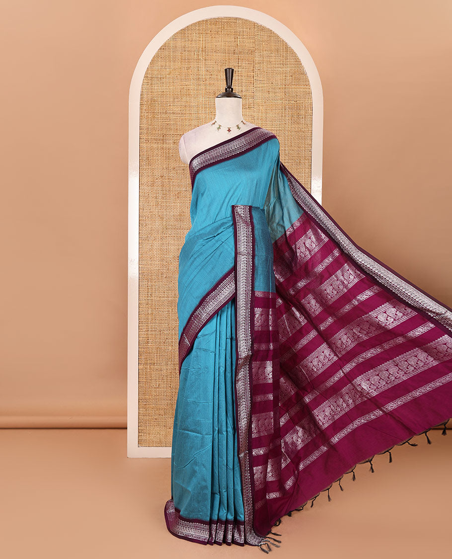 Blue full-plain Kalyani cotton saree, contrast traditional zari design border, zari design steeped pallu & contrast plain blouse