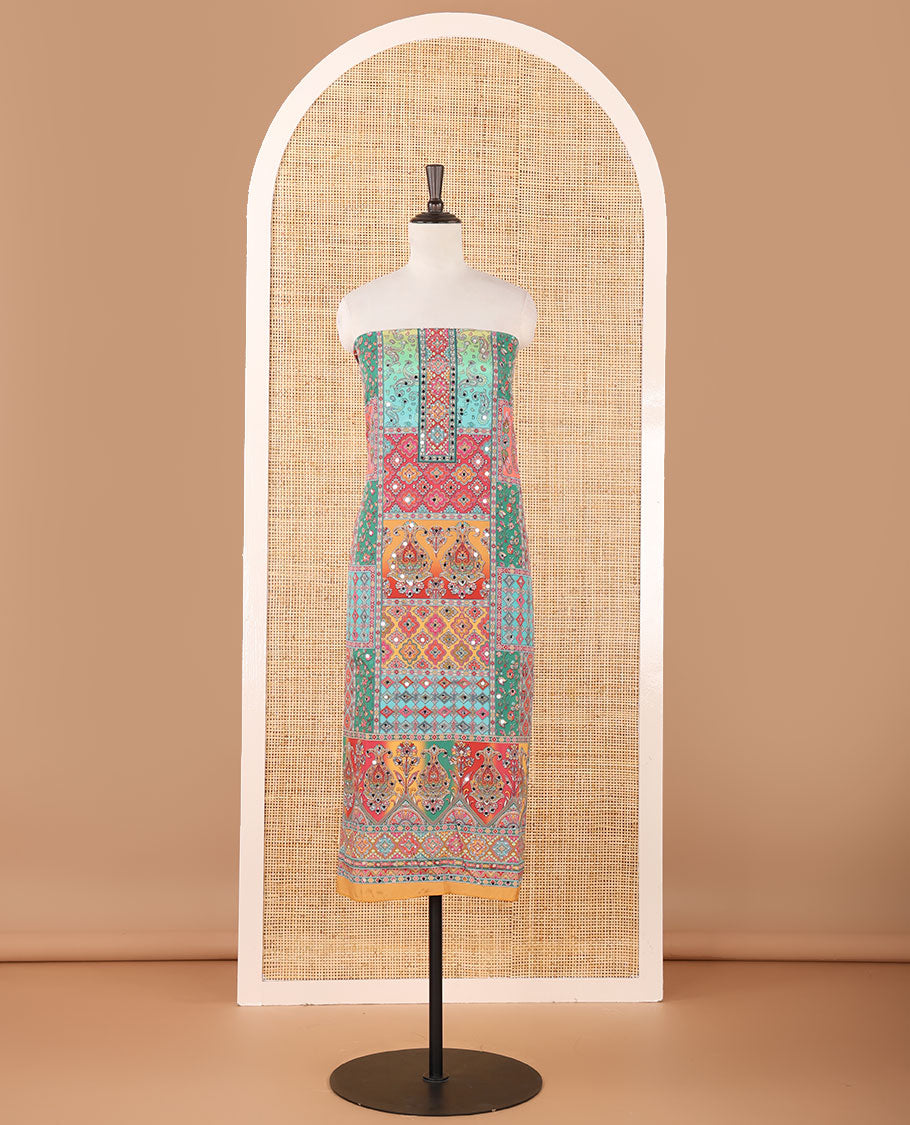 Mustard crepe masakali material chudidar set, geometric print with mirror embroidery top,plain bottom & multi-color geometric print & mirrorwork dupatta