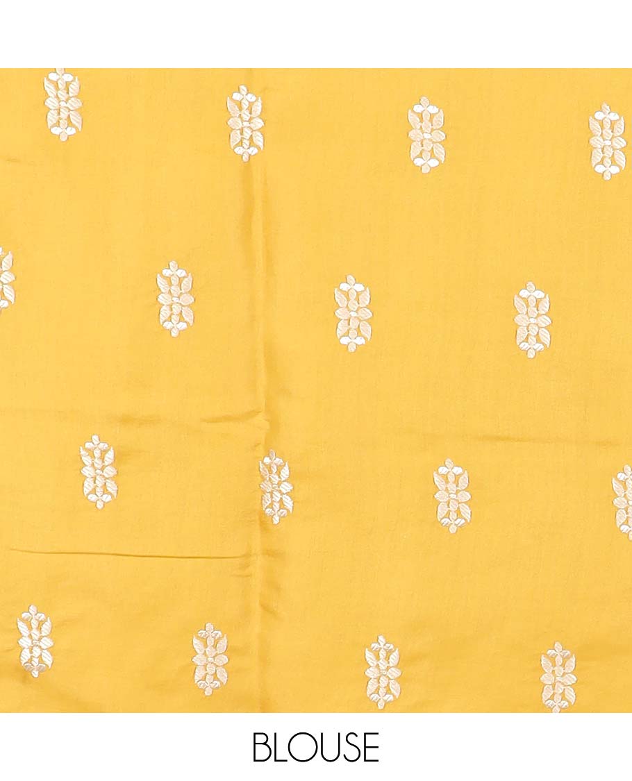 Yellow floral motifs semi-banaras tussar saree with self pichwai border & zari design pallu