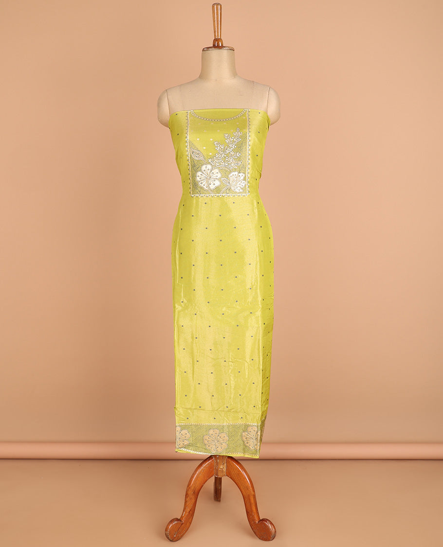 green chudidhar material chanderi tissue neck weaving thread, floral butta top with satin cotton pants & chanderi tissue zari weaving dupatta