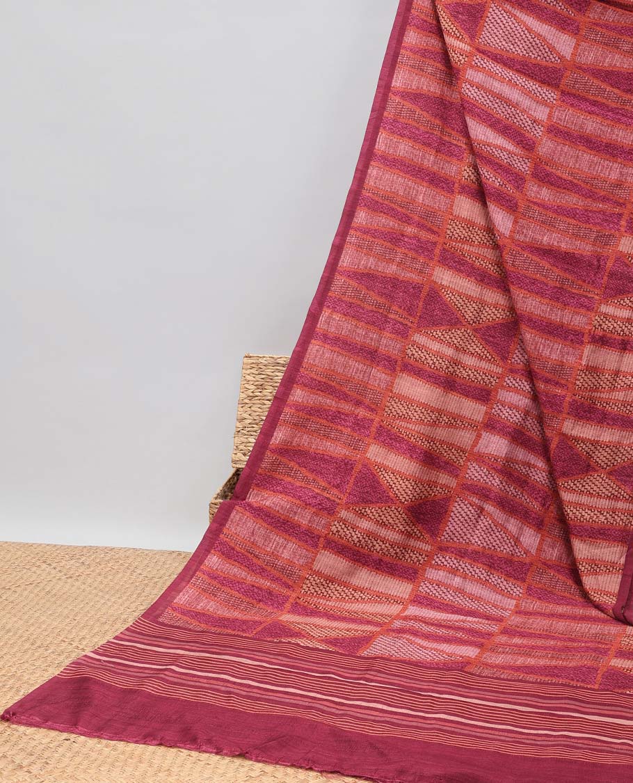 maroon geometric design tussar silk saree with self-border & striped pallu