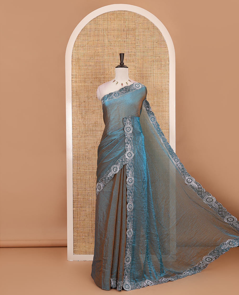 Peacock blue full-plain fendy chiffon saree, scallop swarovski stone work geometric border and contrast plain blouse