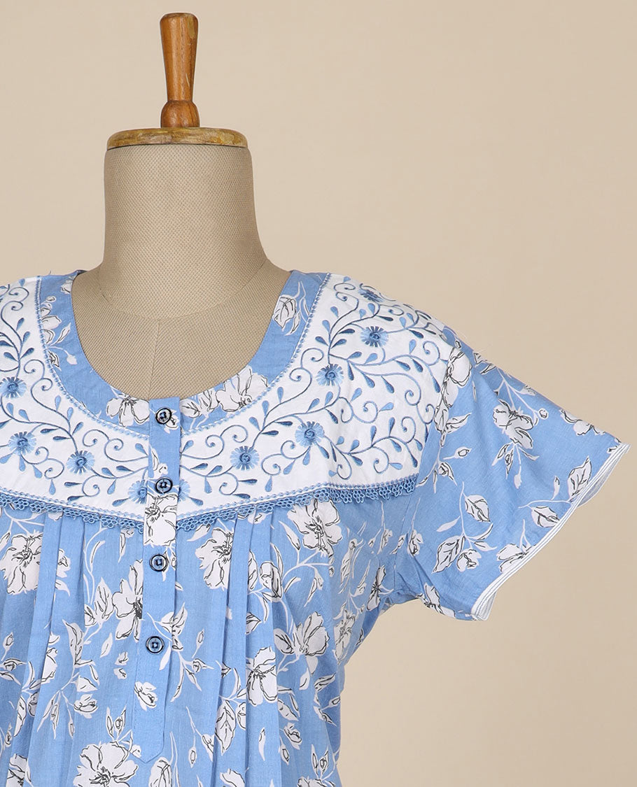 Light blue floral printed & floral thread embroidery round neck cotton half-sleeve nighty