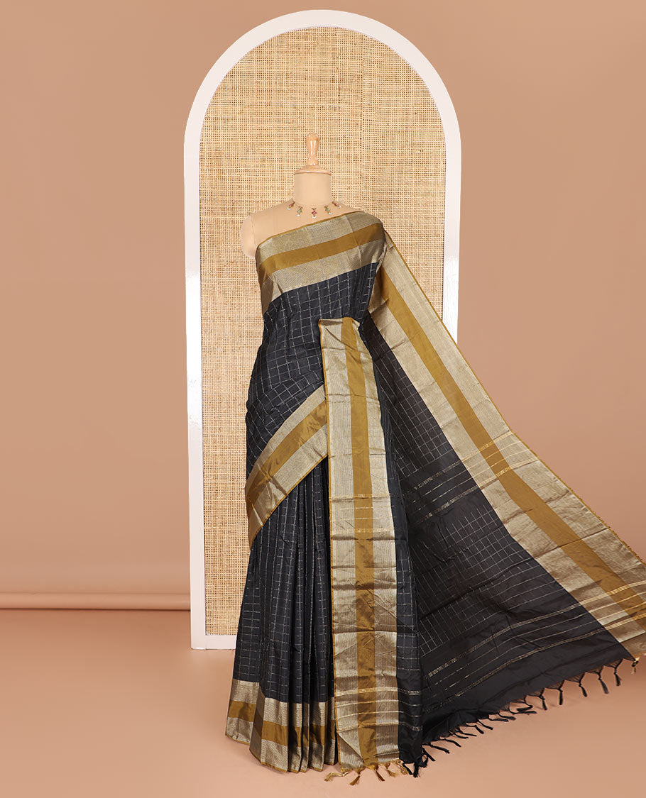 Black checked semi-soft silk saree, contrast satin zari striped border, striped pallu, and a matching blouse