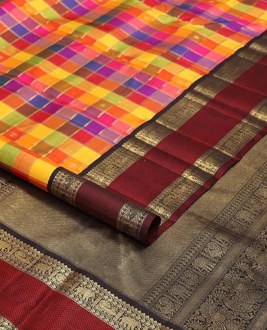Multi-color checked kancheepuram silk saree with contrast rettai pettu border of thilakam mokku, muthu, manga, yaani, mayil design & zari design pallu '