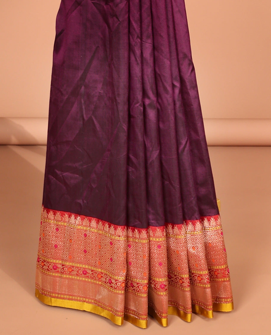 Violet leaf buttas banaras silk saree with contrast zari design border & intricate zari design pallu