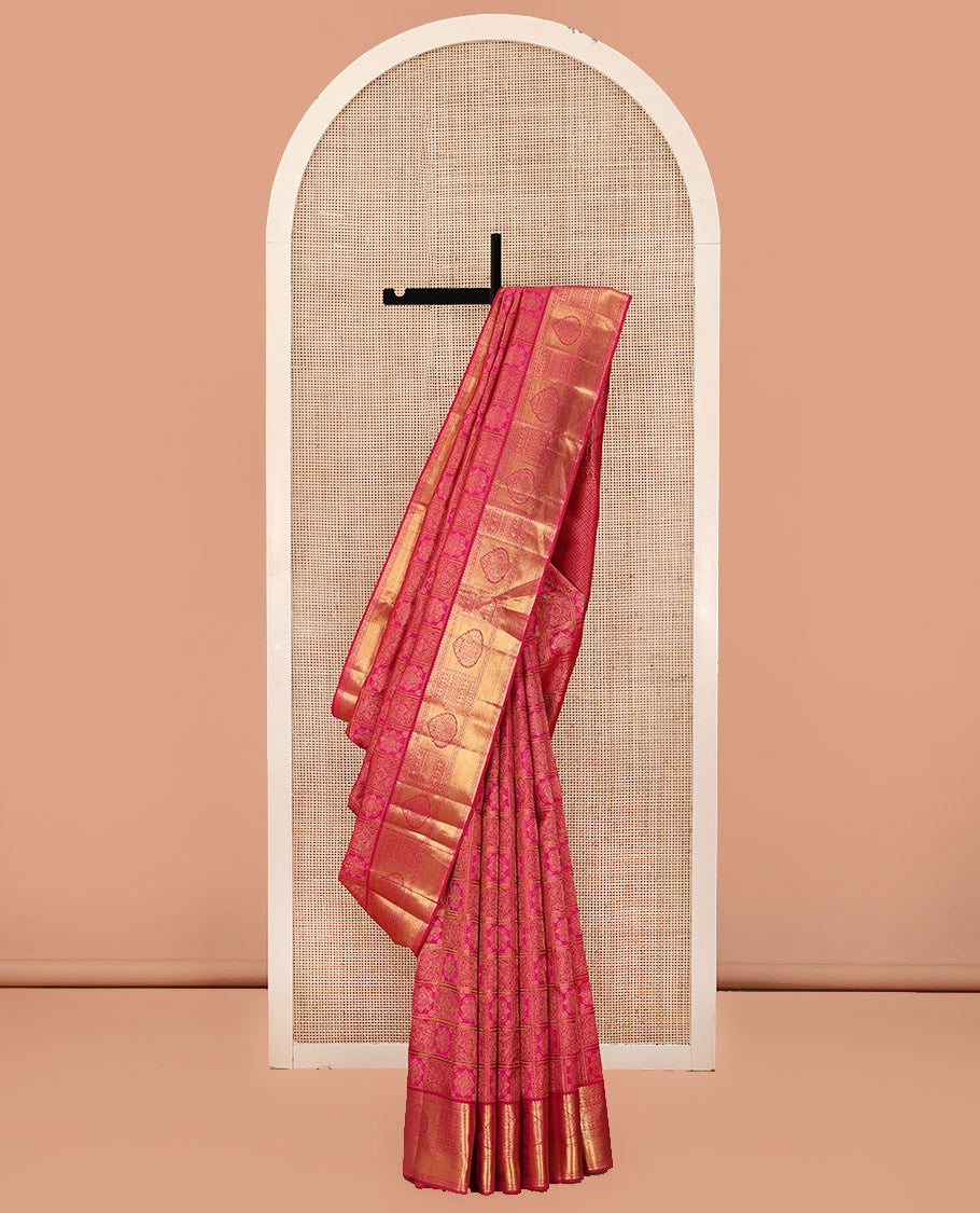 Pink Kanchipuram Wedding Silk Saree, Meticulously Crafted with Jacquard Design On Its Body, Complemented by Contrast Border of Traditional Zari Designs, Grand Jaal Pallu and Paired with a Matching Blouse